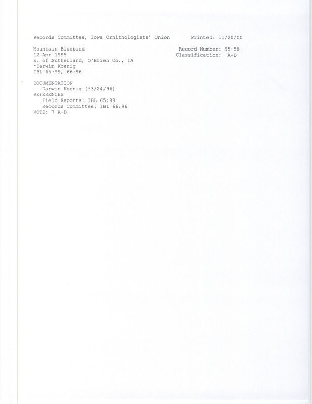 Records Committee review for a Mountain Bluebird east of Sutherland in O'Brien County, IA on April 12, 1995. Includes a record review document with votes and a documentation letter submitted to the committee.