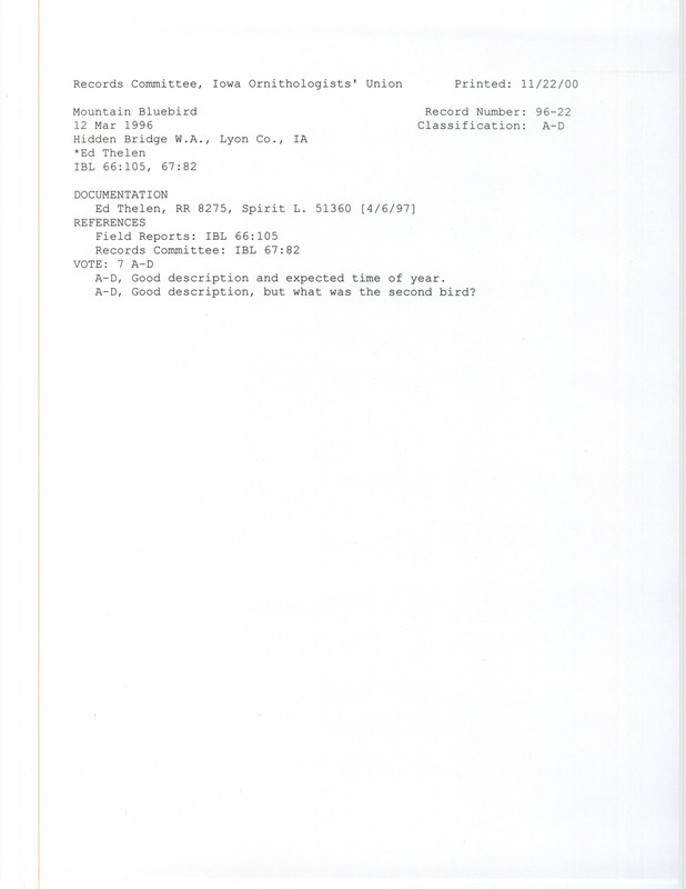 Records Committee review for a Mountain Bluebird at Hidden Bridge Wildlife Area in Lyon County, IA on March 12, 1996. Includes a record review document with votes and a documentation form submitted to the committee.