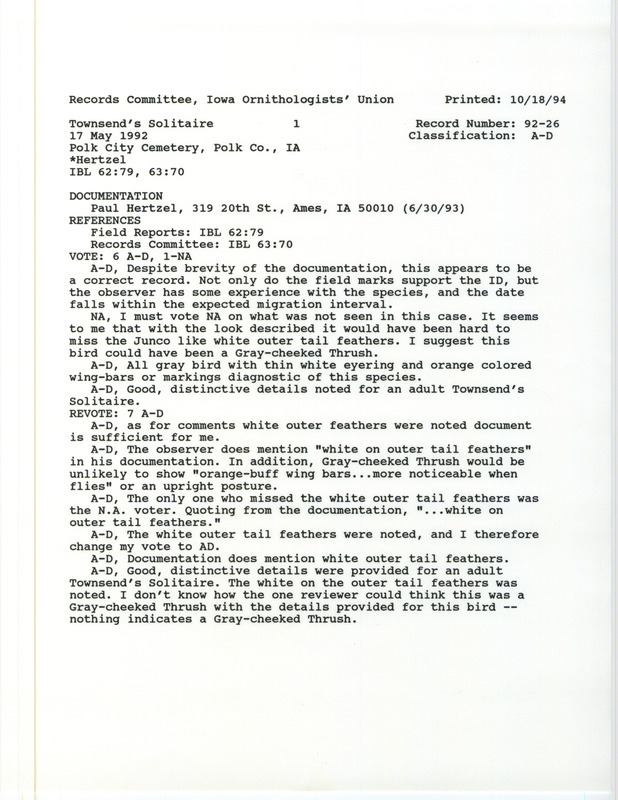 Records Committee review for a Townsend's Solitaire at Polk City Cemetery in Polk County, IA on May 17, 1992. Includes a record review document with votes and a documentation form submitted to the committee.