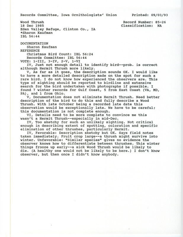 Records Committee review for a Wood Thrush at Eden Valley Refuge in Clinton County, IA on December 18, 1985. Includes a record review document with votes and a documentation form submitted to the committee.