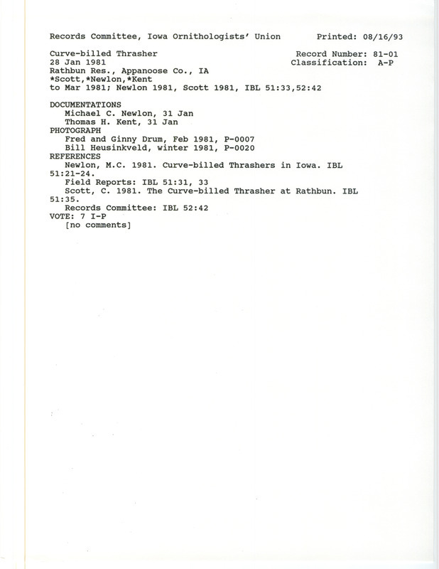 Records Committee review for a Curve-billed Thrasher near Honey Creek State Park at Rathbun Reservoir in Appanoose County, IA on January 31, 1981. Includes a record review document with votes, two articles in Iowa Bird Life, a draft of an Iowa Bird Life article, a photocopy of a photograph, and two documentation forms submitted to the committee.