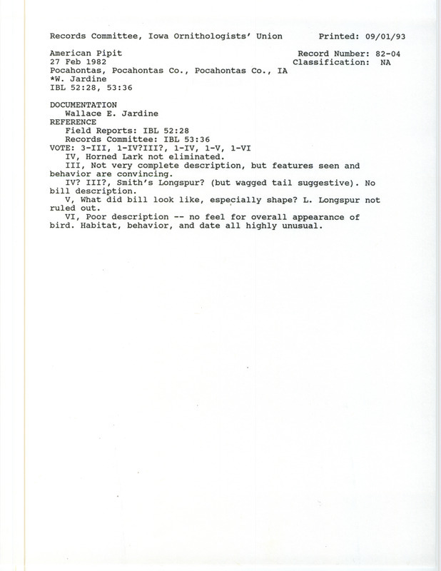 Records Committee review for a Water Pipit near Pocahontas in Pocahontas County, IA on February 27, 1982. Includes a record review document with votes, a summary of the review, and a documentation form submitted to the committee.