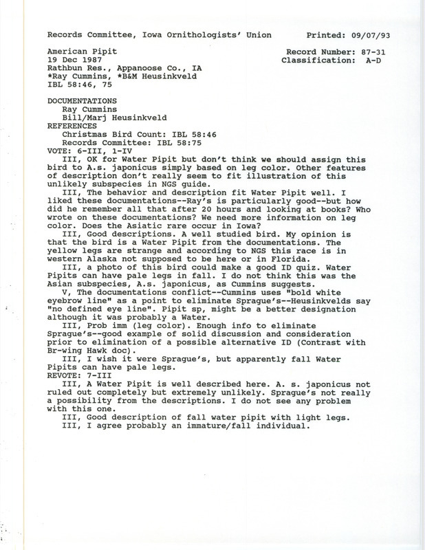 Records Committee review for an American Pipit at Island View Park at Rathbun Reservoir in Appanoose County, IA on December 19, 1987. Includes a record review document with votes and two documentation forms submitted to the committee.