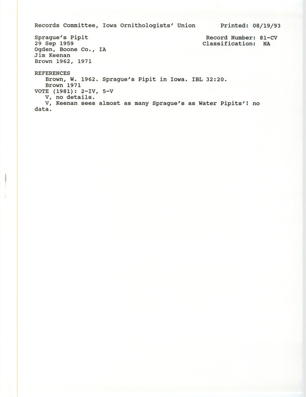 Records Committee review for Sprague's Pipits at Ogden in Boone County, IA on September 29, 1959. Includes a record review document with votes, the original sighting record found in the publication Sprague's Pipit in Iowa in Iowa Bird Life 32(1):20 by Woodward H. Brown seen by Jim Keenan, and referenced by another publication.