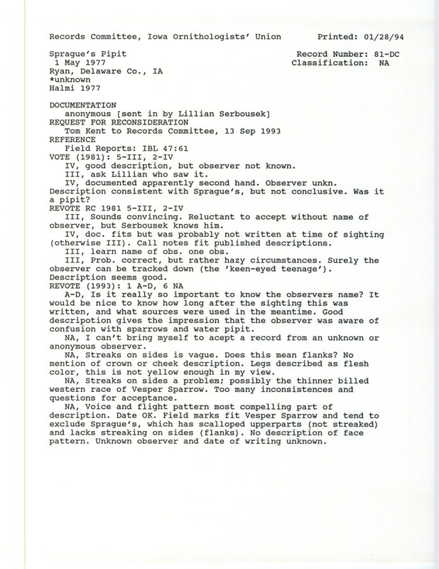 Records Committee review for a Sprague's Pipit southwest of Delhi in Delaware County, IA on May 1, 1977. Includes a record review document with votes, an article in Iowa Bird Life, and a documentation submitted to the committee.