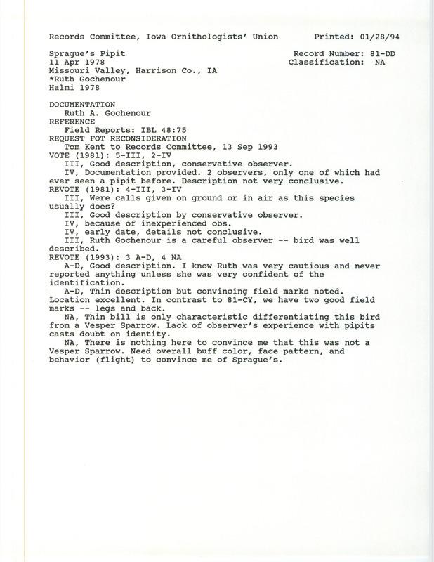 Records Committee review for a Sprague's Pipit north of Missouri Valley in Harrison County, IA on April 11, 1978. Includes a record review document with votes, a request for reconsideration of record, an article in Iowa Bird Life, and a documentation form submitted to the committee.