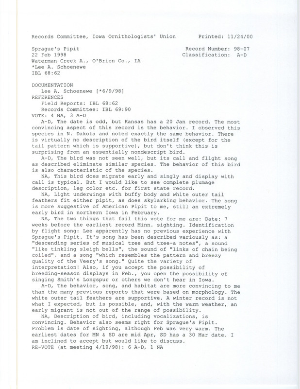 Records Committee review for a Sprague's Pipit at Waterman Creek Area in O'Brien County, IA on February 22, 1998. Includes a record review document with votes and a documentation form submitted to the committee.