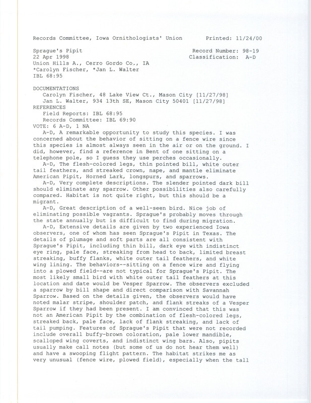 Records Committee review for a Sprague's Pipit at Union Hills Wildlife Management Area in Cerro Gordo County, IA on April 22, 1998. Includes a record review document with votes, amended comments on the review, a memo about bird sighting, email correspondence about the bird sighting, and two documentation forms submitted to the committee.