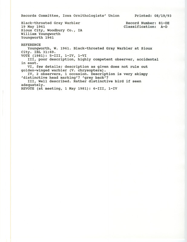 Records Committee review for a Black-throated Gray Warbler at Graceland Cemetery in Sioux City in Woodbury County, IA on May 19, 1961. Includes a record review document with votes and the original sighting record found in the publication Black-throated Gray Warbler at Sioux City in Iowa Bird Life 31(3):69 by William Youngworth.