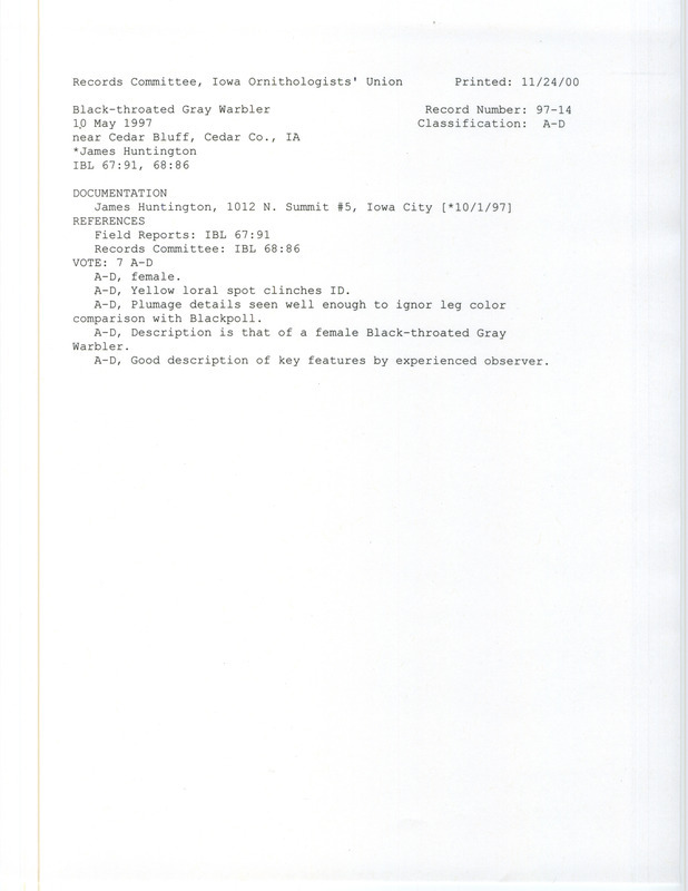 Records Committee review for a Black-throated Gray Warbler near Cedar Bluff in Cedar County, IA on May 10, 1997. Includes a record review document with votes and a documentation form submitted to the committee.