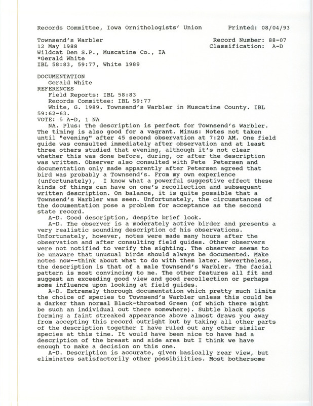 Records Committee review for a Townsend's Warbler at Wildcat Den State Park in Muscatine County, IA on May 12, 1988. Includes a record review document with votes, an article in Iowa Bird Life, and a documentation form submitted to the committee.