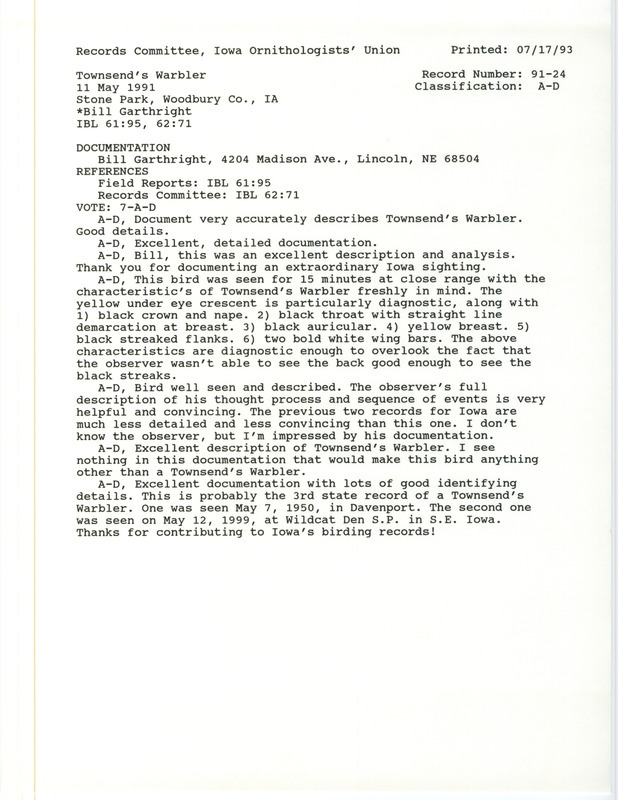 Records Committee review for a Townsend's Warbler at Stone State Park in Woodbury County, IA on May 11, 1991. Includes a record review document with votes and a documentation form with field notes submitted to the committee.