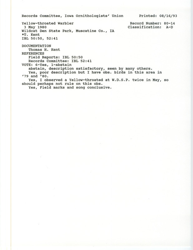 Records Committee review for a Yellow-throated Warbler at Wildcat Den State Park in Muscatine County, IA on May 3, 1980. Includes a record review document with votes and a documentation form submitted to the committee.