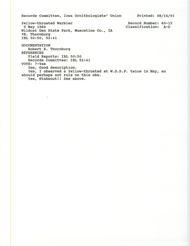 Records Committee review for a Yellow-throated Warbler at Wildcat Den State Park in Muscatine County, IA on May 9, 1980. Includes a record review document with votes and a documentation form submitted to the committee.