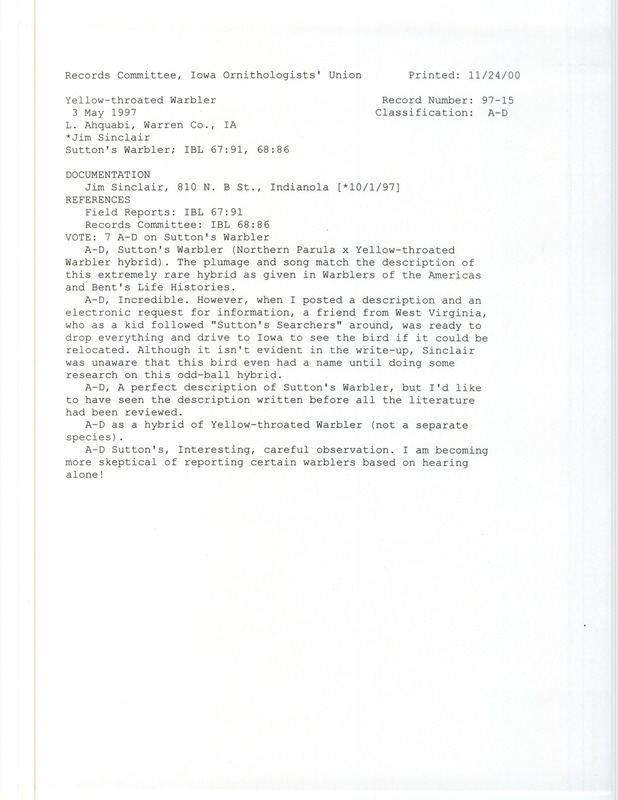 Records Committee review for a Yellow-throated Warbler hybrid at Lake Ahquabi State Park in Warren County, IA on May 3, 1997. Includes a record review document with votes and a documentation form submitted to the committee.