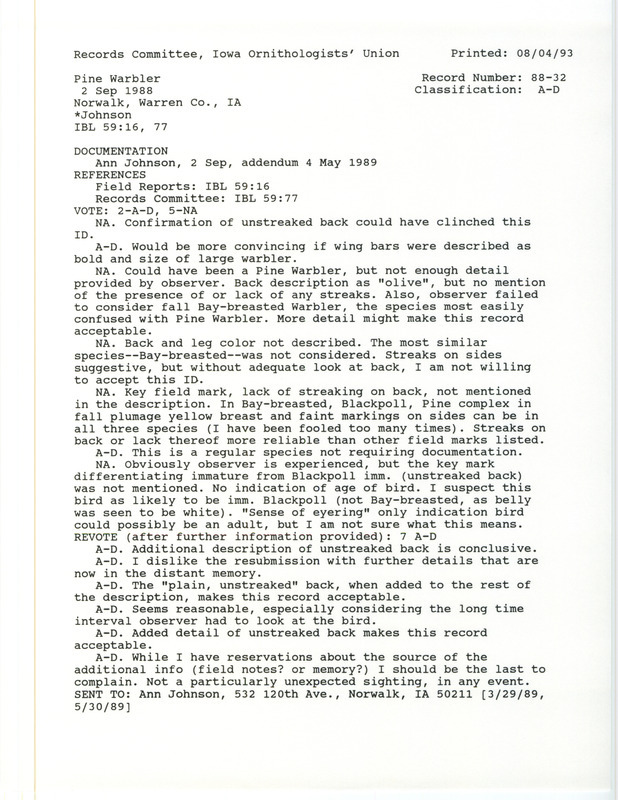 Records Committee review for a Pine Warbler at Greenfield Township in Warren County, IA on September 2, 1988. Includes a record review document with votes and a documentation form with an addendum submitted to the committee.