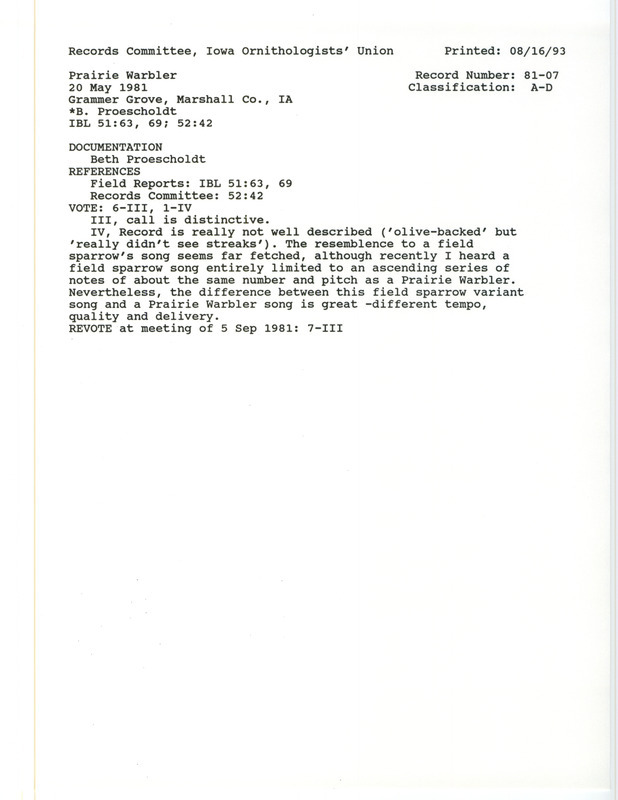 Records Committee review for a Prairie Warbler at Grammer Grove Wildlife Area in Marshall County, IA on May 20, 1981. Includes a record review document with votes, a summary of the review, and a documentation form submitted to the committee.