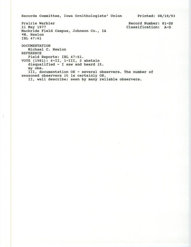 Records Committee review for a Prairie Warbler at MacBride Nature Recreation Area in Johnson County, IA on May 21, 1977. Includes a record review document with votes and a documentation form submitted to the committee.