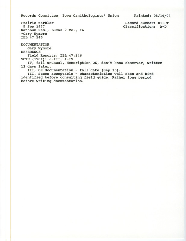 Records Committee review for two Prairie Warblers at Rathbun Reservoir in Appanoose County, IA on September 5, 1977. Includes a record review document with votes and a documentation form submitted to the committee.