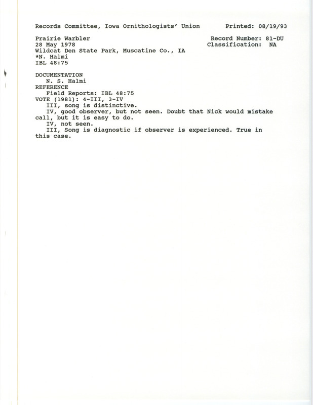 Records Committee review for a Prairie Warbler at Wildcat Den State park in Muscatine County, IA on May 28, 1978. Includes a record review document with votes and a documentation form submitted to the committee.