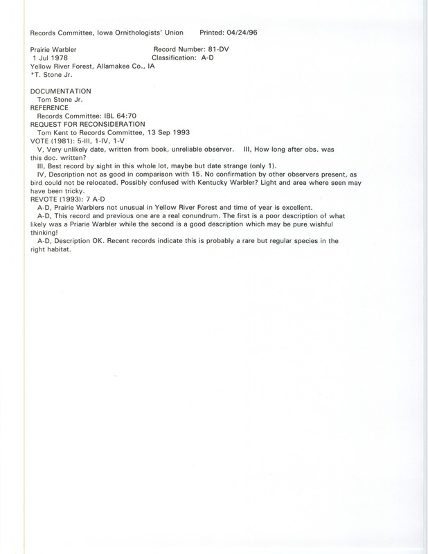 Records Committee review for a Prairie Warbler at Yellow River State Forest in Allamakee County, IA on July 1, 1978. Includes a record review document with votes, a request for reconsideration of record, and a documentation form submitted to the committee.