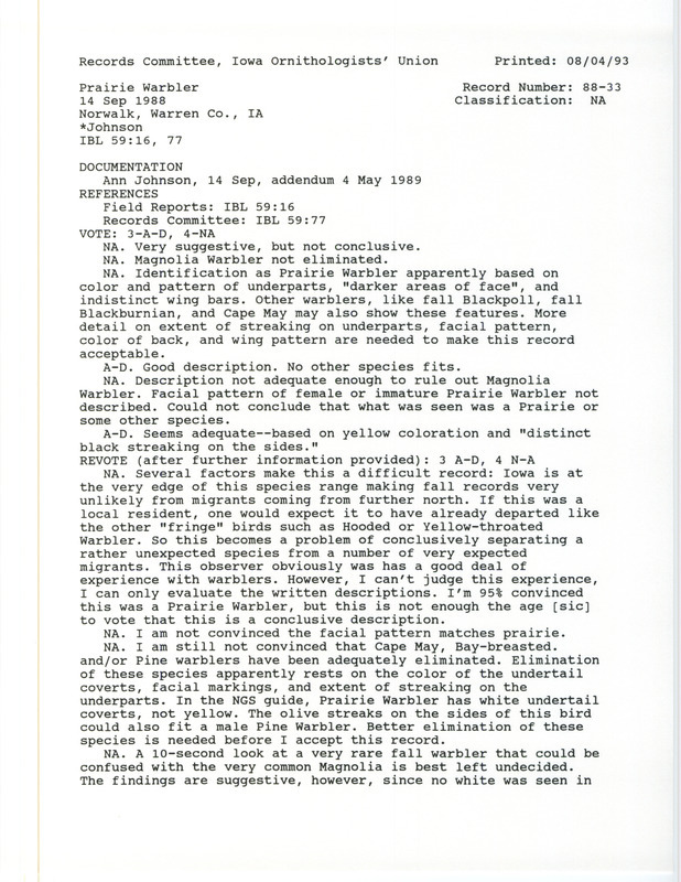 Records Committee review for a Prairie Warbler at Greenfield Township in Warren County, IA on September 14, 1988. Includes a record review document with votes and a documentation form with an addendum submitted to the committee.