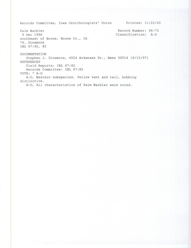 Records Committee review for a Palm Warbler southeast of Boone in Boone County, IA on December 9, 1996. Includes a record review document with votes and a documentation form submitted to the committee.