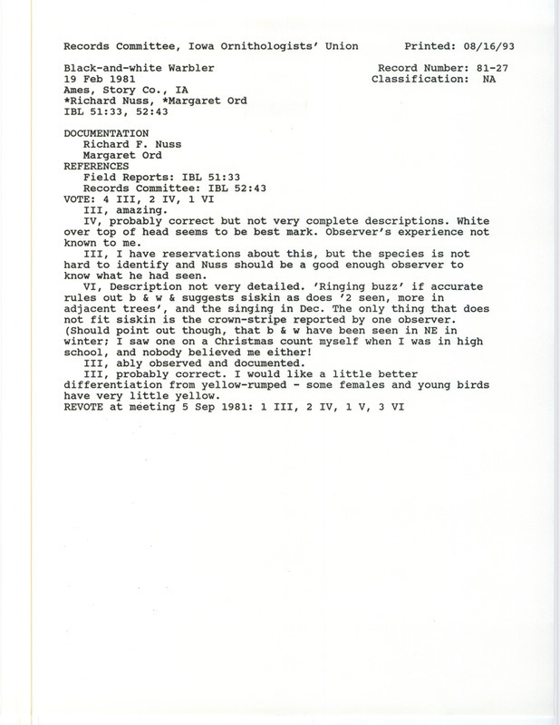 Records Committee review for a Black-and-white Warbler at Ames in Story County, IA on February 19, 1981. Includes a record review document with votes, a summary of the review, and two documentation forms submitted to the committee.