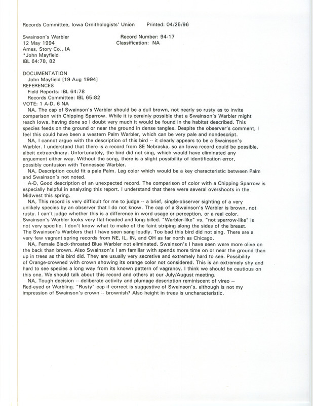 Records Committee review for a Swainson's Warbler at Brookside Park in Ames in Story County, IA on May 12, 1994. Includes a record review document with votes, field notes, and a documentation form submitted to the committee.