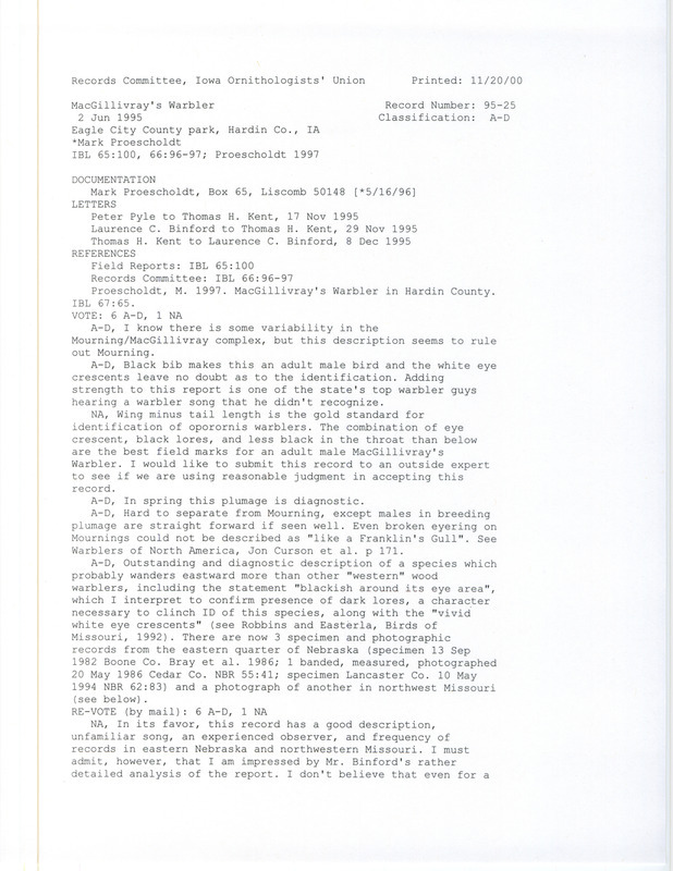 Records Committee review for a MacGillivray's Warbler at Eagle City County Park in northern Hardin County, IA on June 2, 1995. Includes two record review documents with votes, an article in Iowa Bird Life, an article in Illinois Birds, an article in Birds of Missouri, two articles from The Auk, an article in Meadowlark, correspondence relevant to bird sighting and review, and a documentation form submitted to the committee.