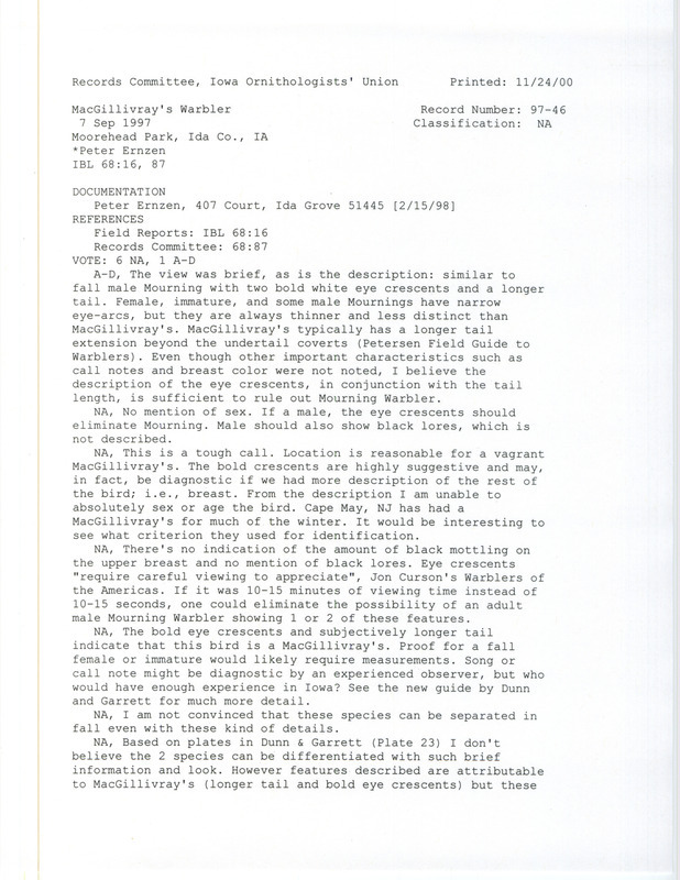 Records Committee review for a MacGillivray's Warbler at Moorehead Park in Ida County, IA on September 7, 1997. Includes a record review document with votes and a documentation submitted to the committee.