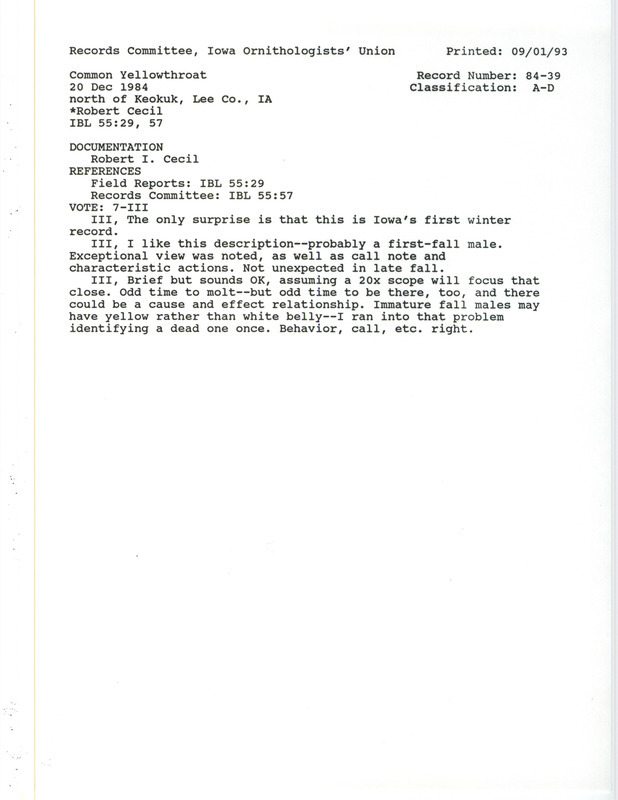 Records Committee review for a Common Yellowthroat north of Keokuk in Lee County, IA on December 20, 1984. Includes a record review document with votes and a documentation form submitted to the committee.