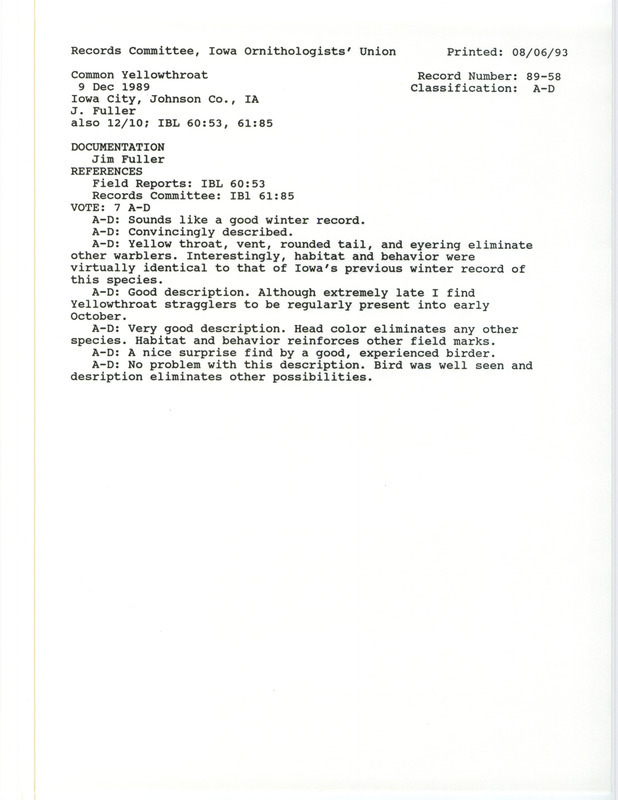 Records Committee review for a Common Yellowthroat at Iowa City in Johnson County, IA on December 9, 1989. Includes a record review document with votes and a documentation form submitted to the committee.