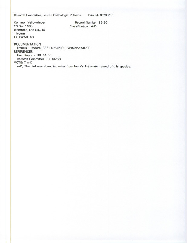 Records Committee review for a Common Yellowthroat at Montrose Cemetery in Lee County, IA on December 26, 1993. Includes a record review document with votes and a documentation form submitted to the committee.