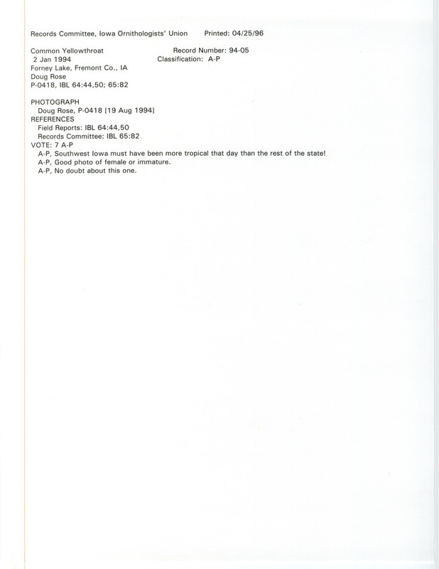 Records Committee review for a Common Yellowthroat at Forneys Lake in Fremont County, IA on January 2, 1994. Includes a record review document with votes and a photograph by Doug Rose.