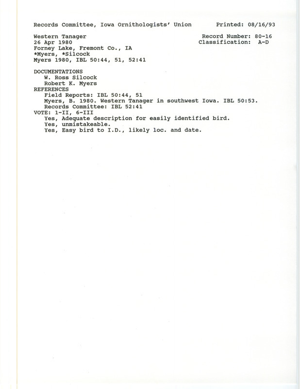 Records Committee review for a Western Tanager at Forney Lake in Fremont County, IA on April 26, 1980. Includes a record review document with votes, an article in Iowa Bird Life and two documentation forms submitted to the committee.