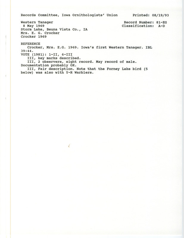 Records Committee review for a Western Tanager at Frank Starr Park in Buena Vista County, IA on May 8, 1969. Includes one record review document with votes and a documentation article submitted to the committee.