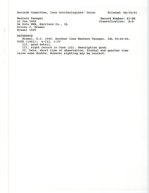 Records Committee review for a Western Tanager at De Soto Bend National Wildlife Refuge in Harrison County, IA on June 22, 1969. Includes a record review document with votes and an article reviewed by the committee.