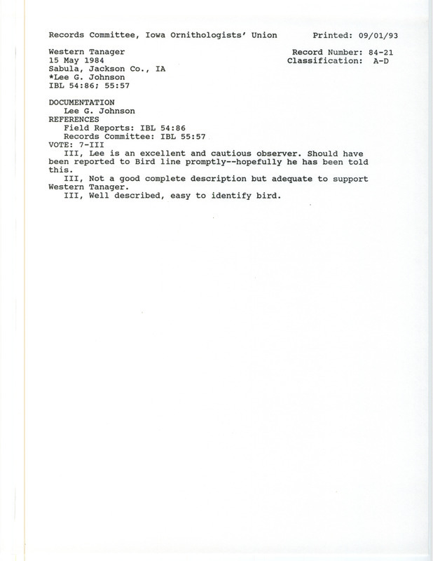 Records Committee review for a Western Tanager at Sabula in Jackson County, IA on May 15, 1984. Includes a record review document with votes, a summary of the review, and a documentation form submitted to the committee.