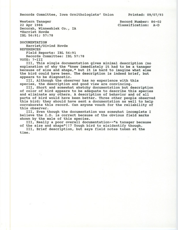 Records Committee review for a Western Tanager at Decorah in Winneshiek County, IA on April 22, 1986. Includes a record review document with votes, a summary of the review, and a documentation form submitted to the committee.