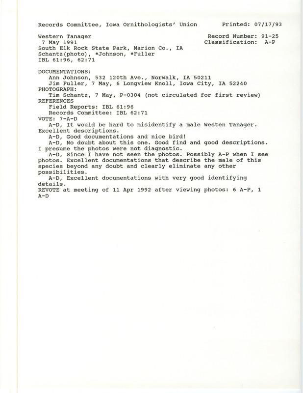 Records Committee review for a Western Tanager at Elk Rock State Park in Marion County, IA on May 7, 1991. Includes a record review document with votes, a photograph with a report, and two documentation forms submitted to the committee.