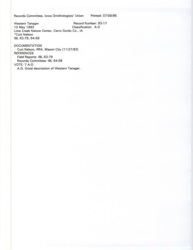Records Committee review for a Western Tanager at Lime Creek Nature Center in Cerro Gordo County, IA on May 10, 1993. Includes a record review document with votes and a documentation form submitted to the committee.