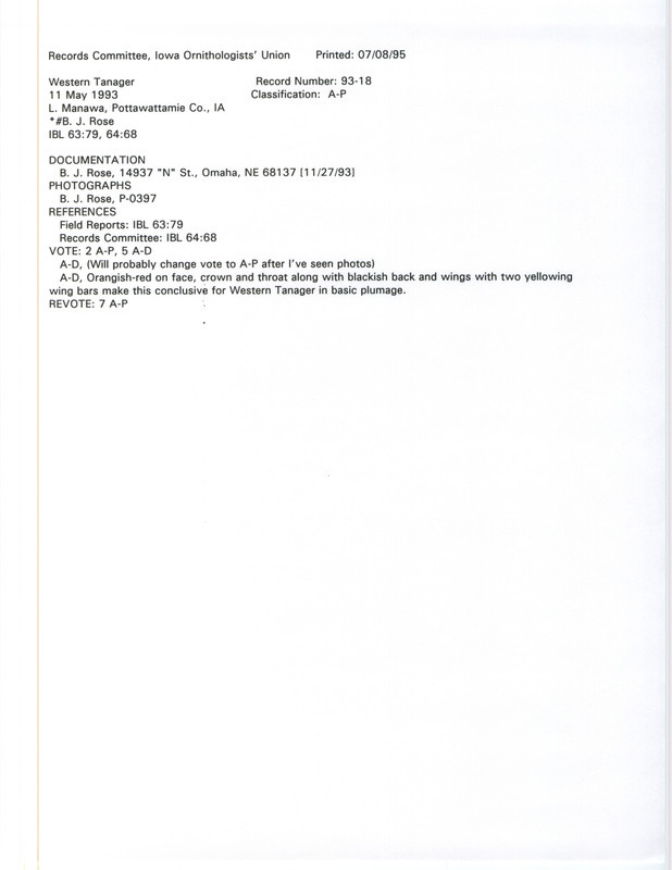 Records Committee review for a Western Tanager at Lake Manawa in Pottawattamie County, IA on May 11, 1993. Includes a record review document with votes, a photograph, and a documentation form submitted to the committee.