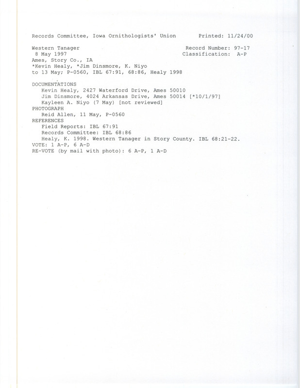 Records Committee review for a Western Tanager near Ames in Story County, IA on May 7, 1997. Includes a record review document with votes, an article in Iowa Bird Life, and three documentation forms submitted to the committee.