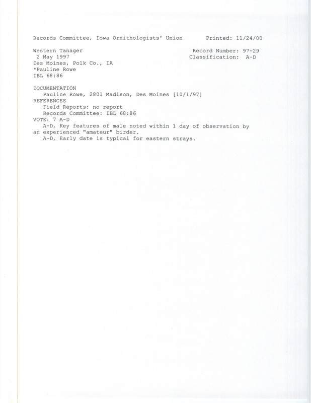 Records Committee review for a Western Tanager at Des Moines in Polk County, IA on May 2, 1997. Includes a record review document with votes and a documentation form submitted to the committee.