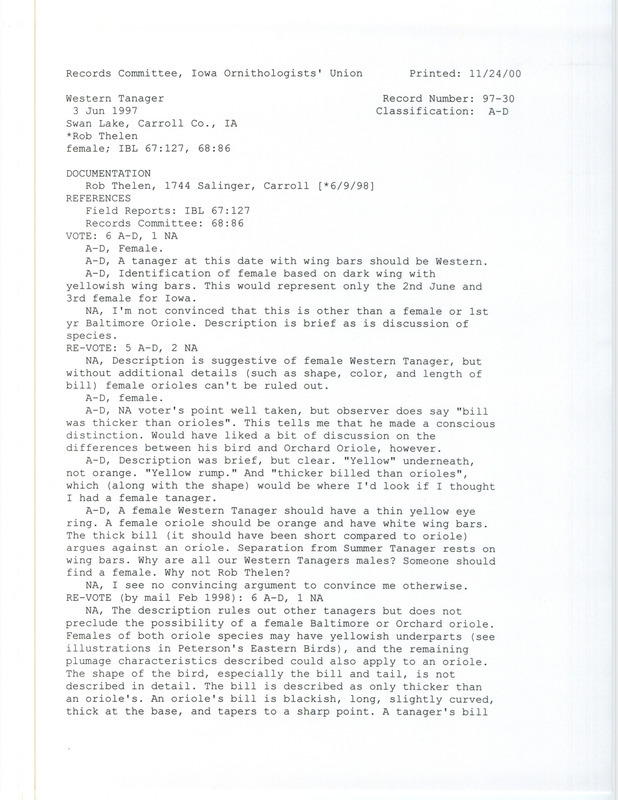 Records Committee review for a Western Tanager at Swan Lake in Carroll County, IA on June 3, 1997. Includes a record review document with votes and a documentation form submitted to the committee.