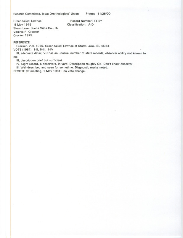 Records Committee review for a Green-tailed Towhee at Storm Lake in Buena Vista County, IA on May 5, 1975. Includes a record review document with votes and an Iowa Bird Life article reviewed by the committee.