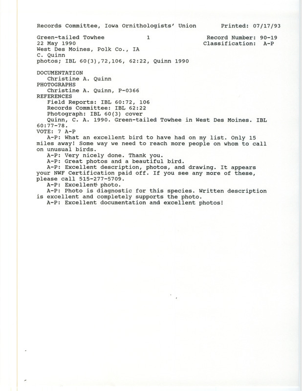 Records Committee review for a Green-tailed Towhee at West Des Moines in Polk County, IA around May 22, 1990. Includes a record review document with votes, an article and cover page from Iowa Bird Life, and a documentation form with an attachment submitted to the committee.