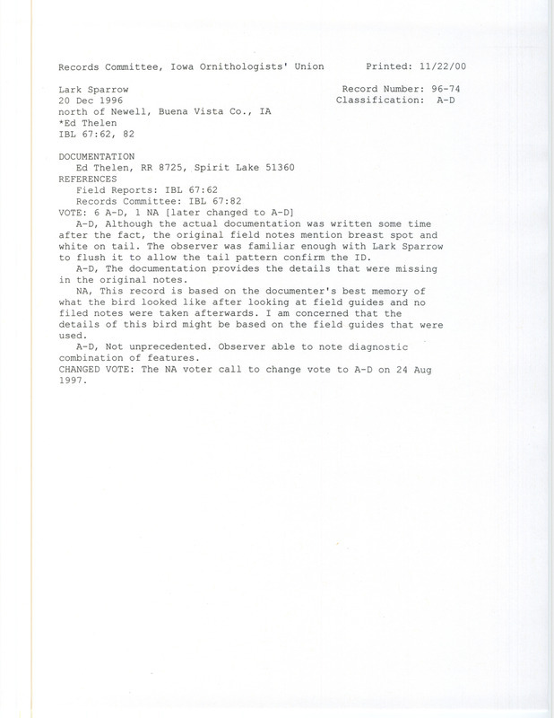 Records Committee review for a Lark Sparrow north of Newell in Buena Vista County, IA on December 20, 1996. Includes a record review document with votes, field notes, and a documentation form submitted to the committee.