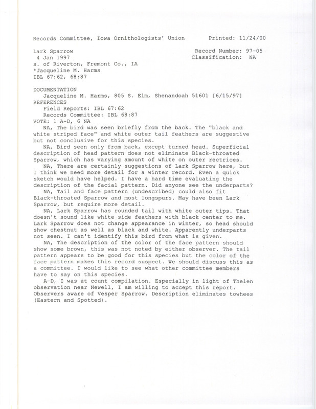 Records Committee review for a Lark Sparrow south of Riverton in Fremont County, IA on January 4, 1997. Includes a record review document with votes and a documentation form submitted to the committee.